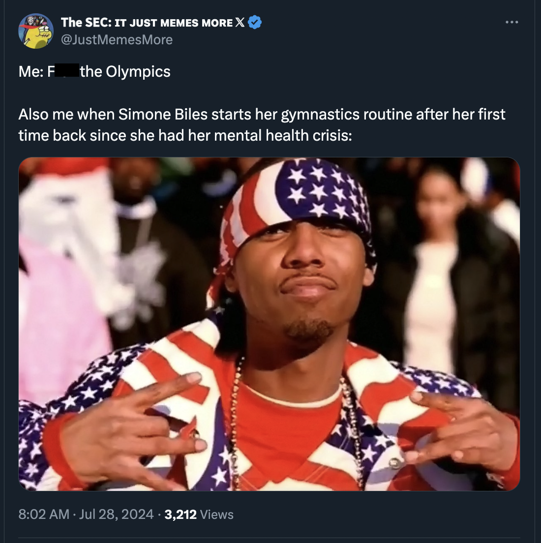 photo caption - The Sec It Just Memes More X Me F the Olympics Also me when Simone Biles starts her gymnastics routine after her first time back since she had her mental health crisis 3,212 views